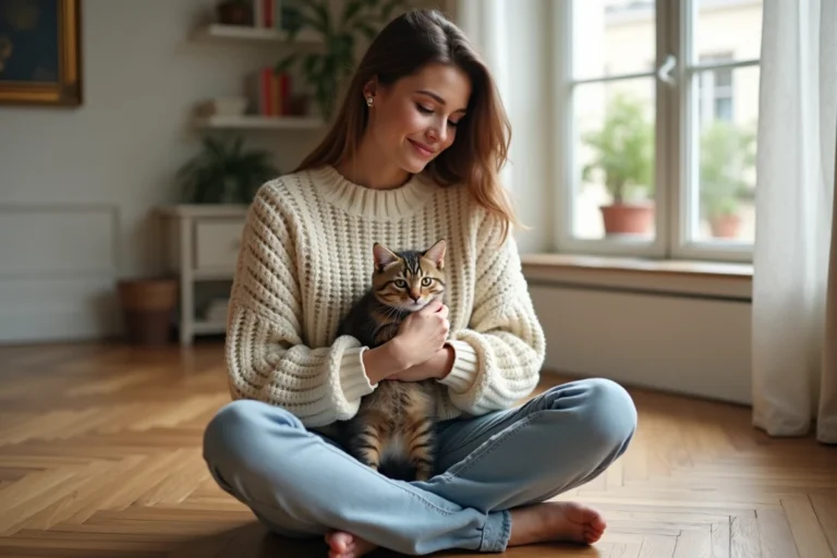 Jeune femme tenant un chaton de 3 mois dans un appartement parisien de style haussmannien