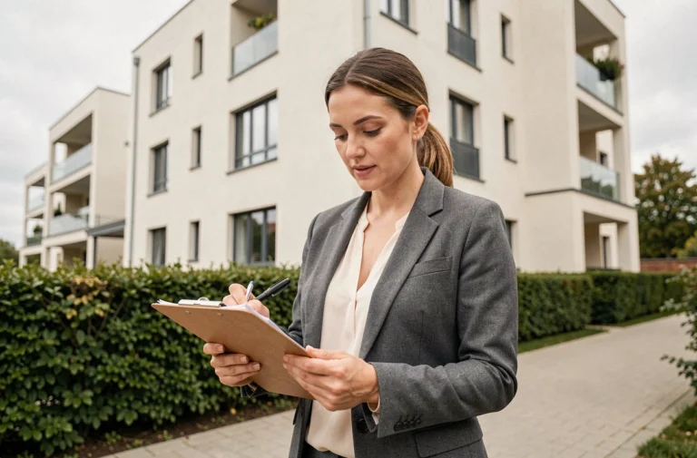 Femme agent immobilière devant un immeuble résidentiel moderne, tenant des documents, allure professionnelle et confiante