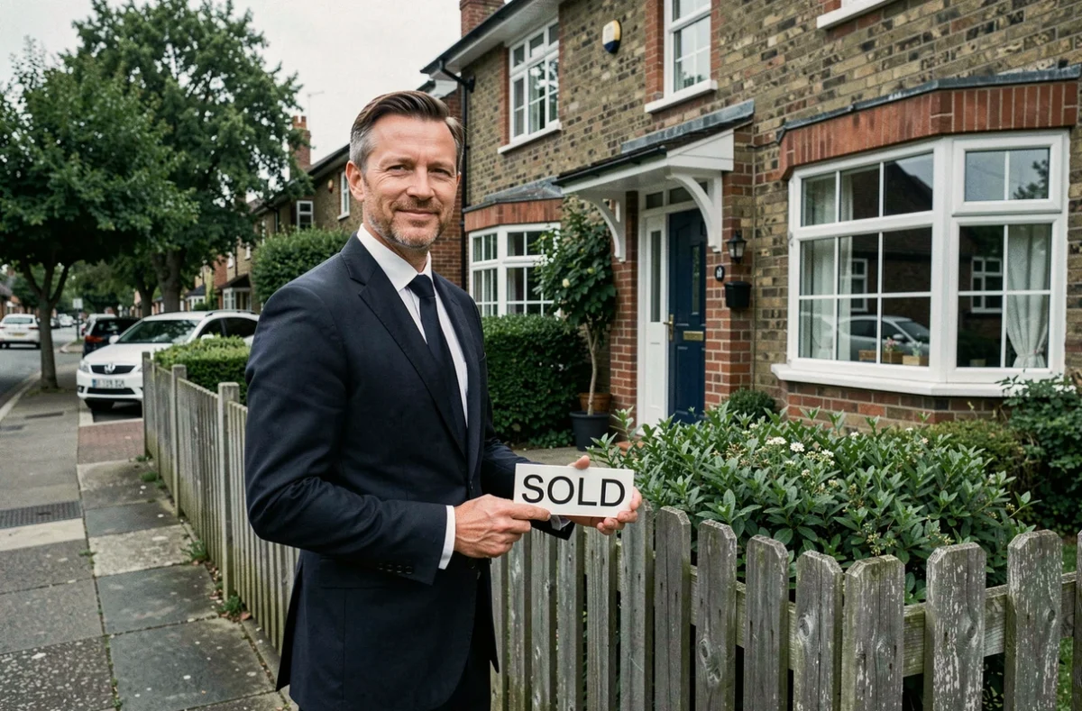 Agent immobilier masculin tenant un panneau vendu devant une maison de banlieue avec jardin entretenu
