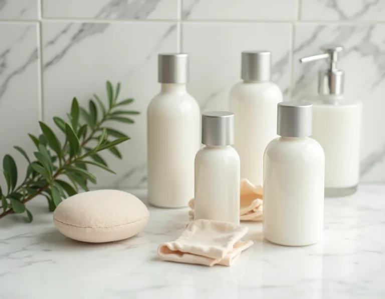 Articles de toilette gratuits offerts dans un hôtel arrangés sur un comptoir en marbre blanc, incluant shampoing, après-shampoing et savon en miniature