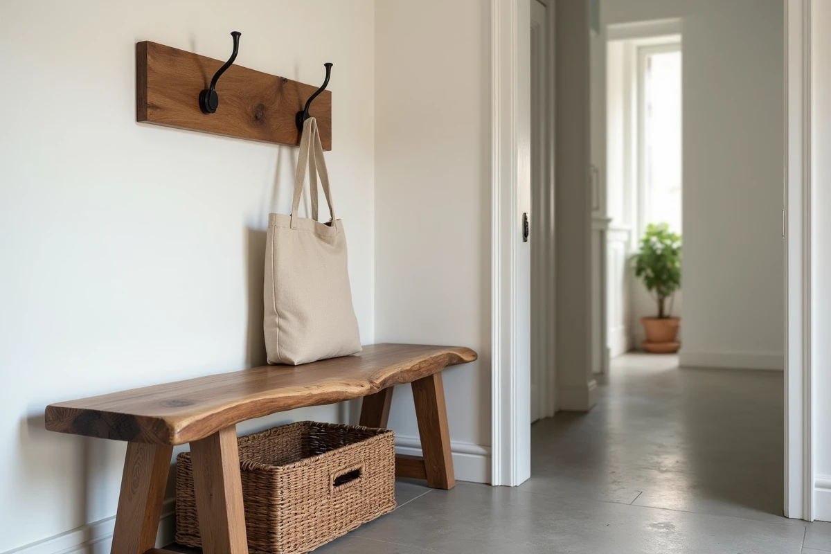 Banc d'entrée en bois brut à nœuds apparents avec panier en osier et sac en lin dans un couloir d'appartement