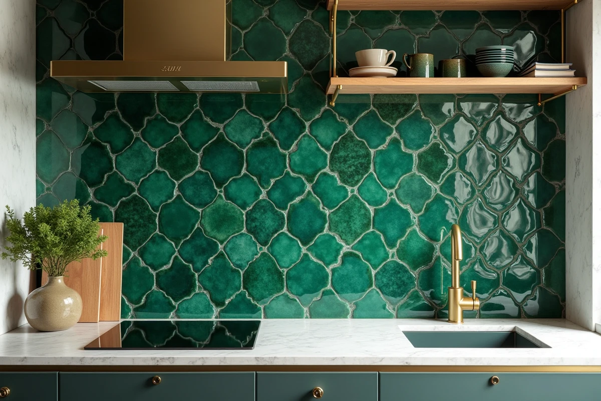 Crédence de cuisine en carreaux de zellige vert émeraude aux reflets organiques et à la glaçure artisanale irrégulière
