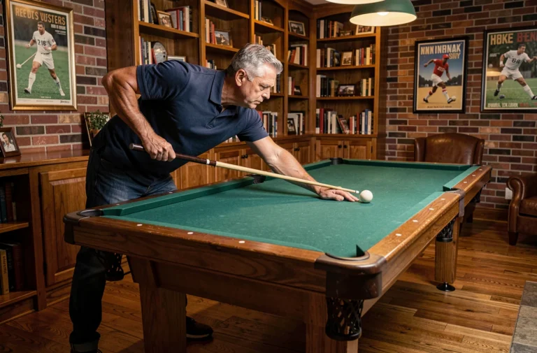 Homme adulte qui joue au billard américain dans une salle de jeux aménagée à la maison, illustrant le choix de la taille de table adaptée à la pièce