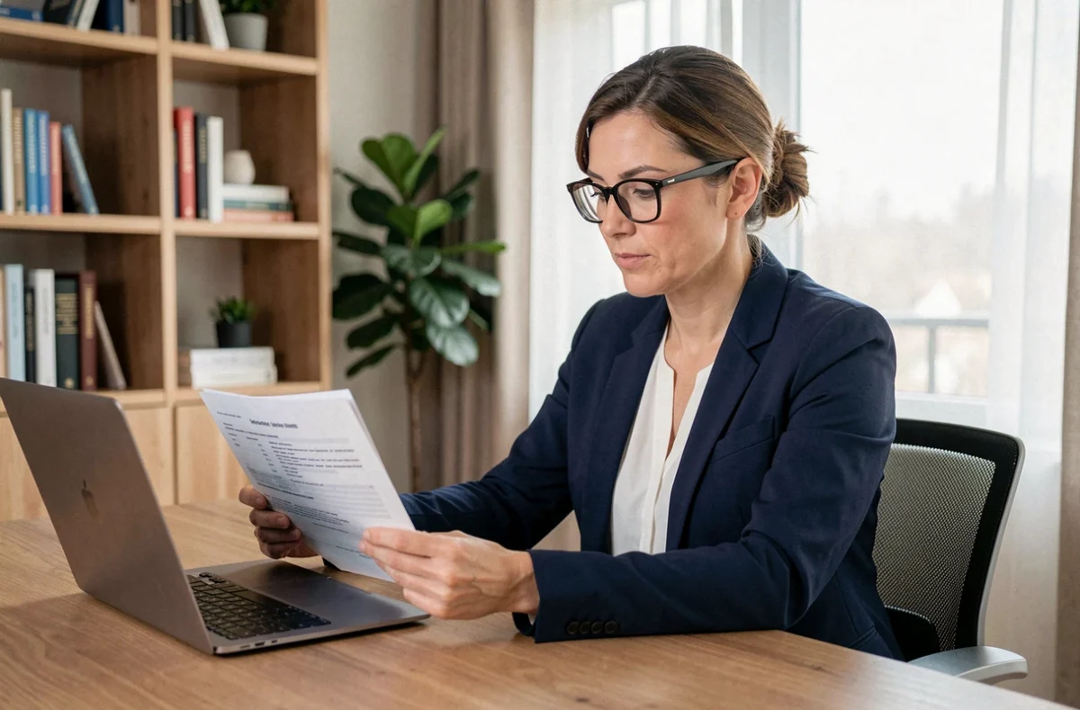 Femme comparant des offres d'assurance auto sur un ordinateur portable dans un bureau à domicile