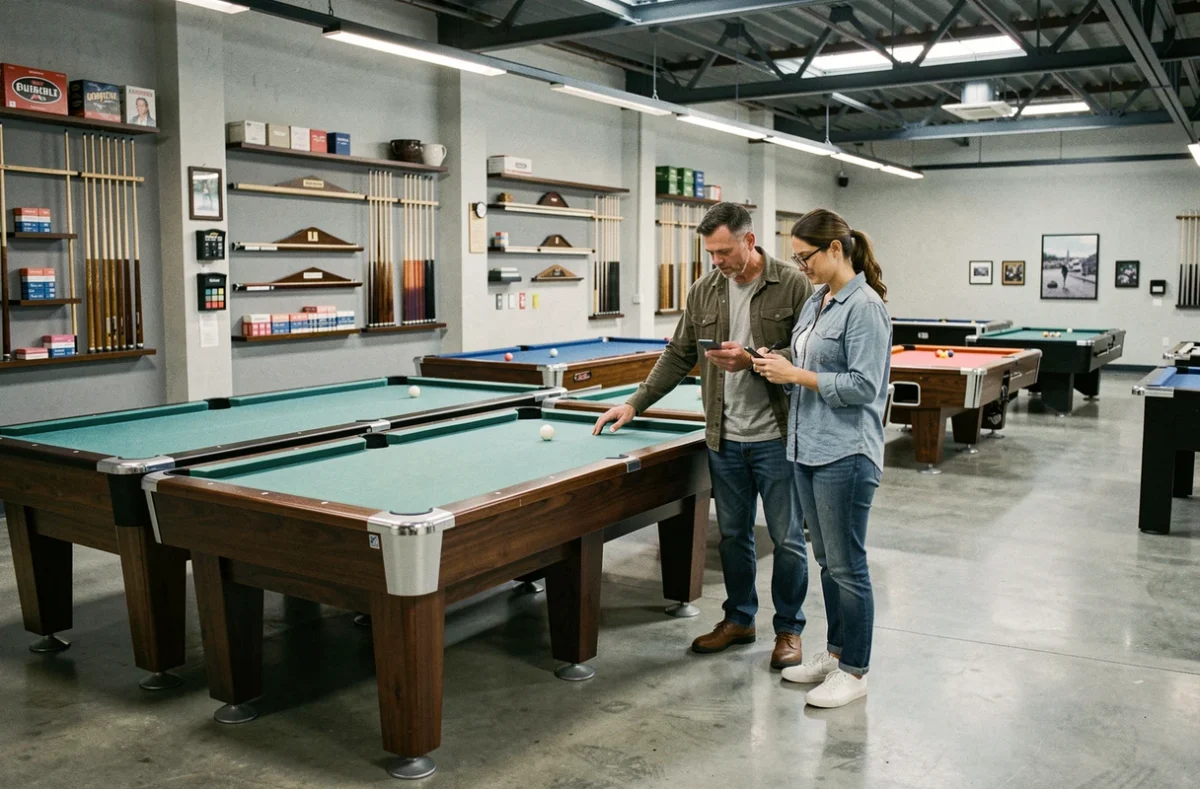 Couple en train de comparer différentes tailles de billards américains dans un magasin spécialisé pour trouver le modèle adapté à leur salon