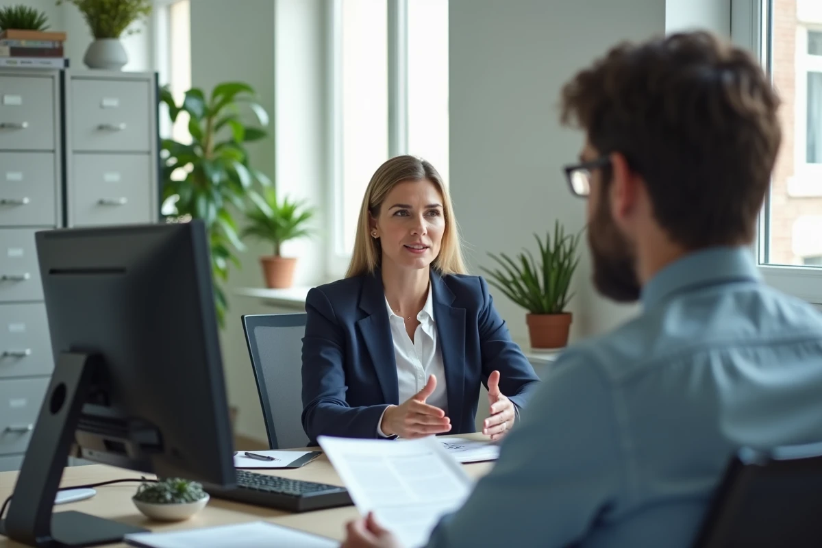 Conseillère CAF expliquant les démarches liées au contrôle du concubinage dans un bureau administratif
