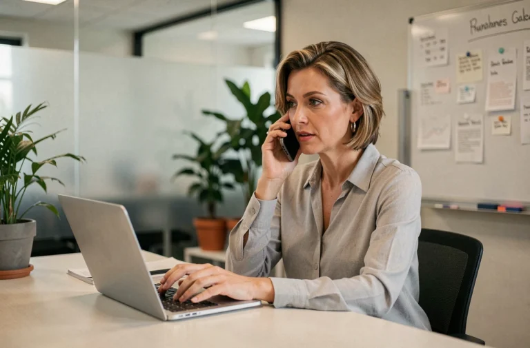 Femme professionnelle au bureau contactant une équipe par téléphone et ordinateur portable