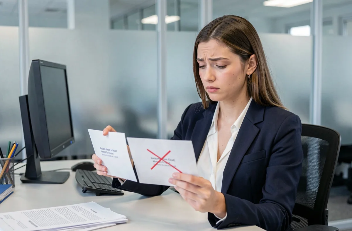 Jeune femme en bureau comparant deux enveloppes dont une avec une adresse incorrecte barrée, illustrant la correction d'une erreur d'adresse postale