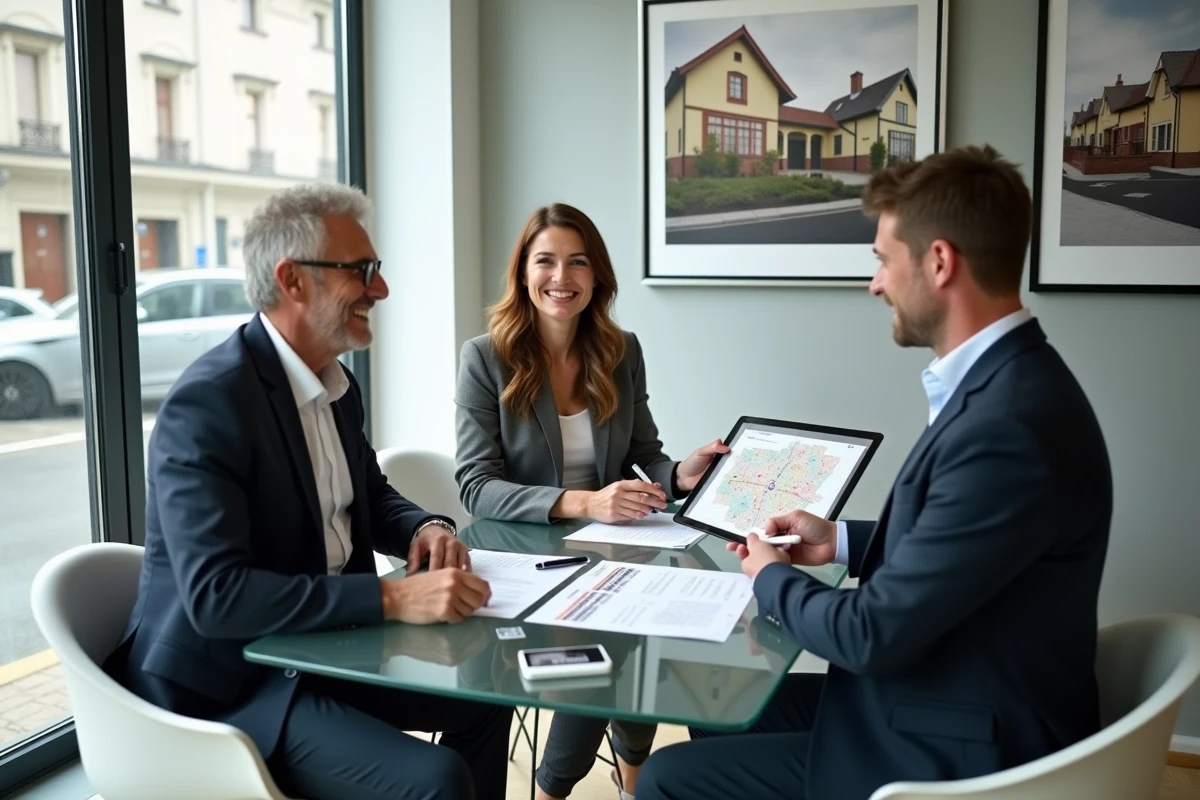 Couple rencontrant un agent immobilier pour discuter d'une stratégie d'investissement immobilier en 2024