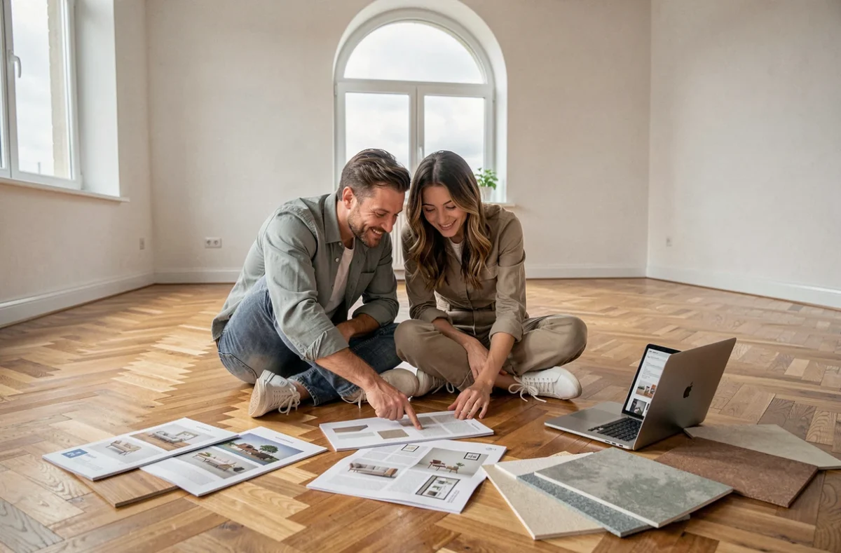 Couple choisissant ensemble les équipements et matériaux pour l'aménagement de leur maison moderne