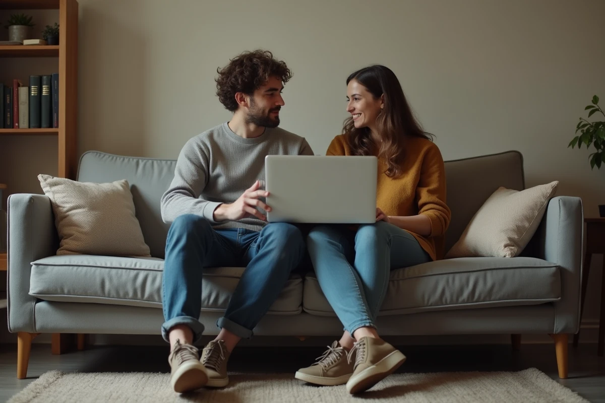 Couple en concubinage consultant le site officiel de la CAF ensemble dans leur salon