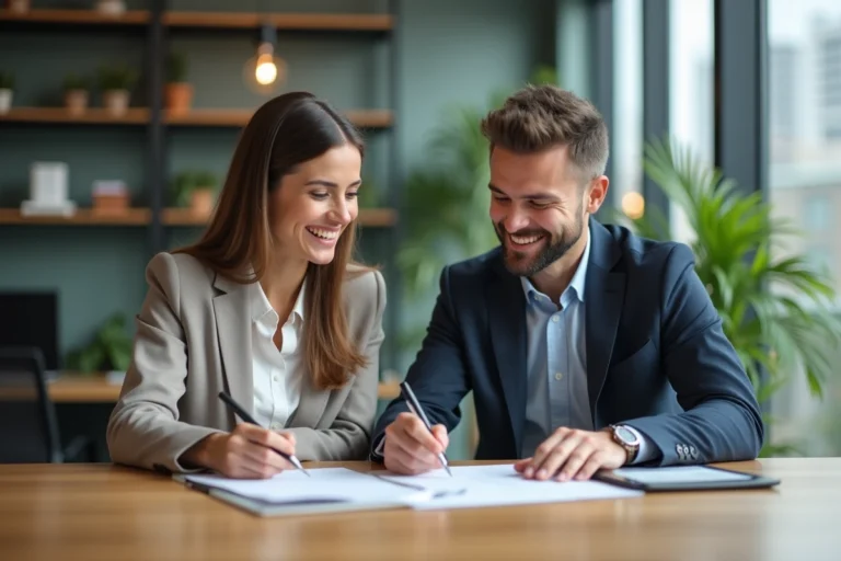 Couple souriant dans un bureau immobilier moderne