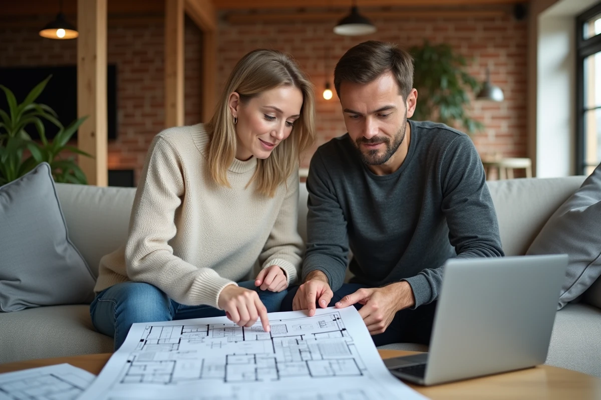 Couple étudiant le plan de site Concept Habitat sur papier et ordinateur portable dans un salon chaleureux