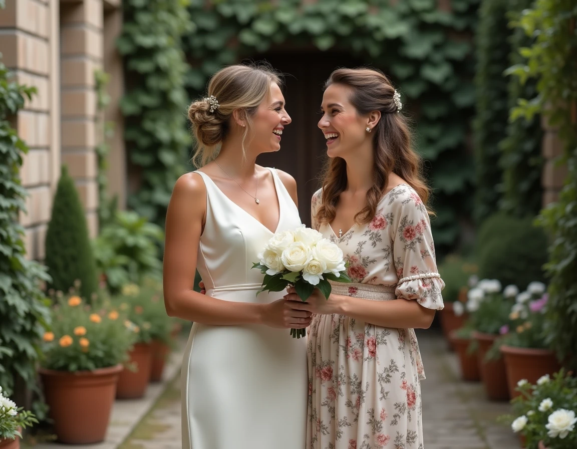 Deux amies dans un jardin, l'une en robe de mariée satin vintage et l'autre en robe de demoiselle d'honneur florale