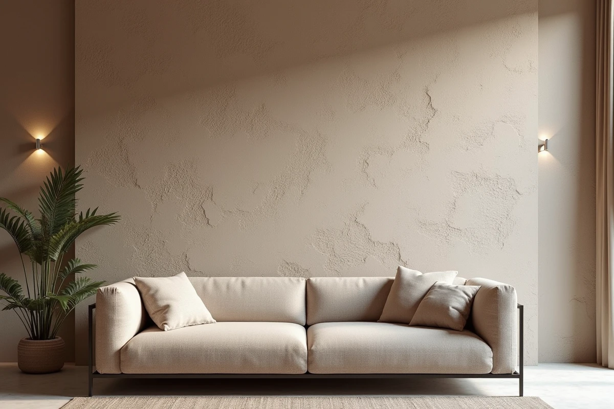 Mur d'accent recouvert d'enduit minéral texturé aux tons sable et argile dans un salon contemporain