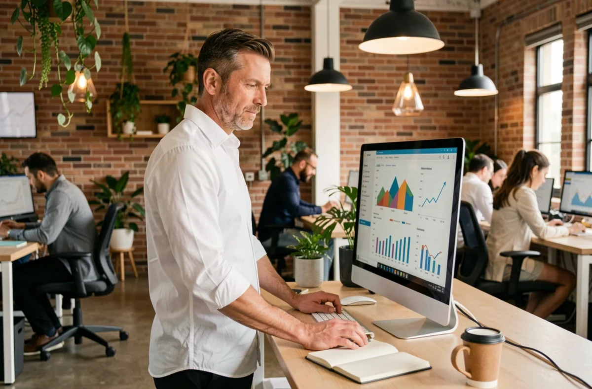 Homme entrepreneur analysant des données business en ligne dans un espace de co-working ouvert