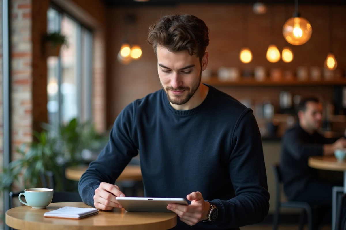 Jeune entrepreneur lisant un guide business numérique sur tablette dans un café moderne