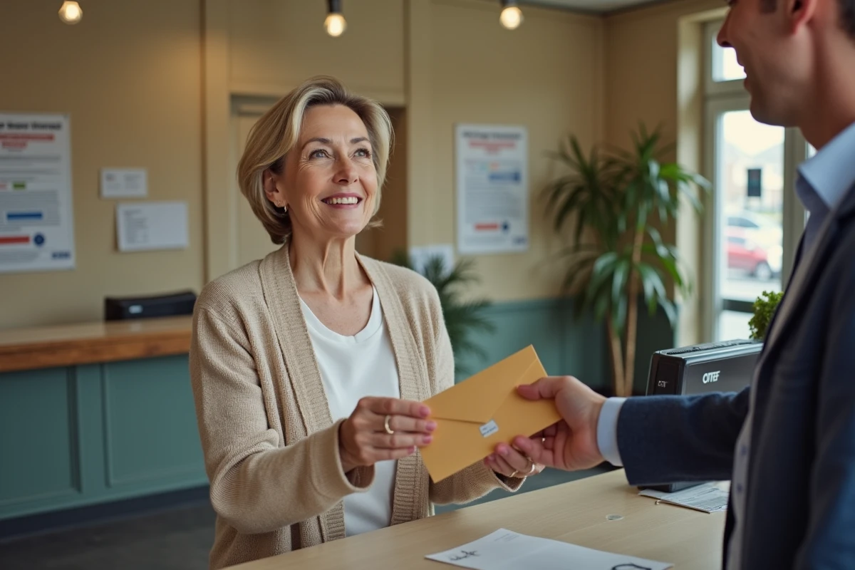 Femme envoyant une demande de relevé d'information assurance par courrier dans un bureau de poste