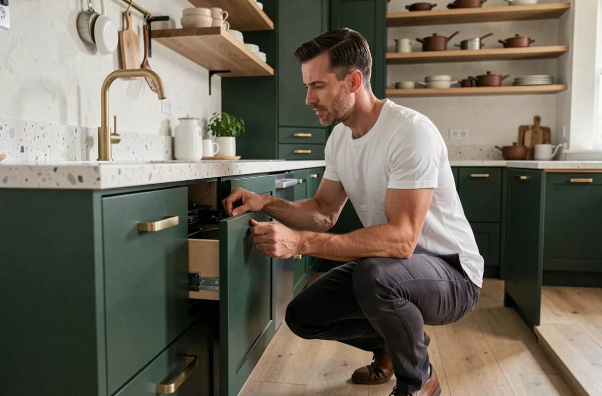 Homme inspectant l'équipement et les matériaux d'une cuisine moderne aux finitions haut de gamme