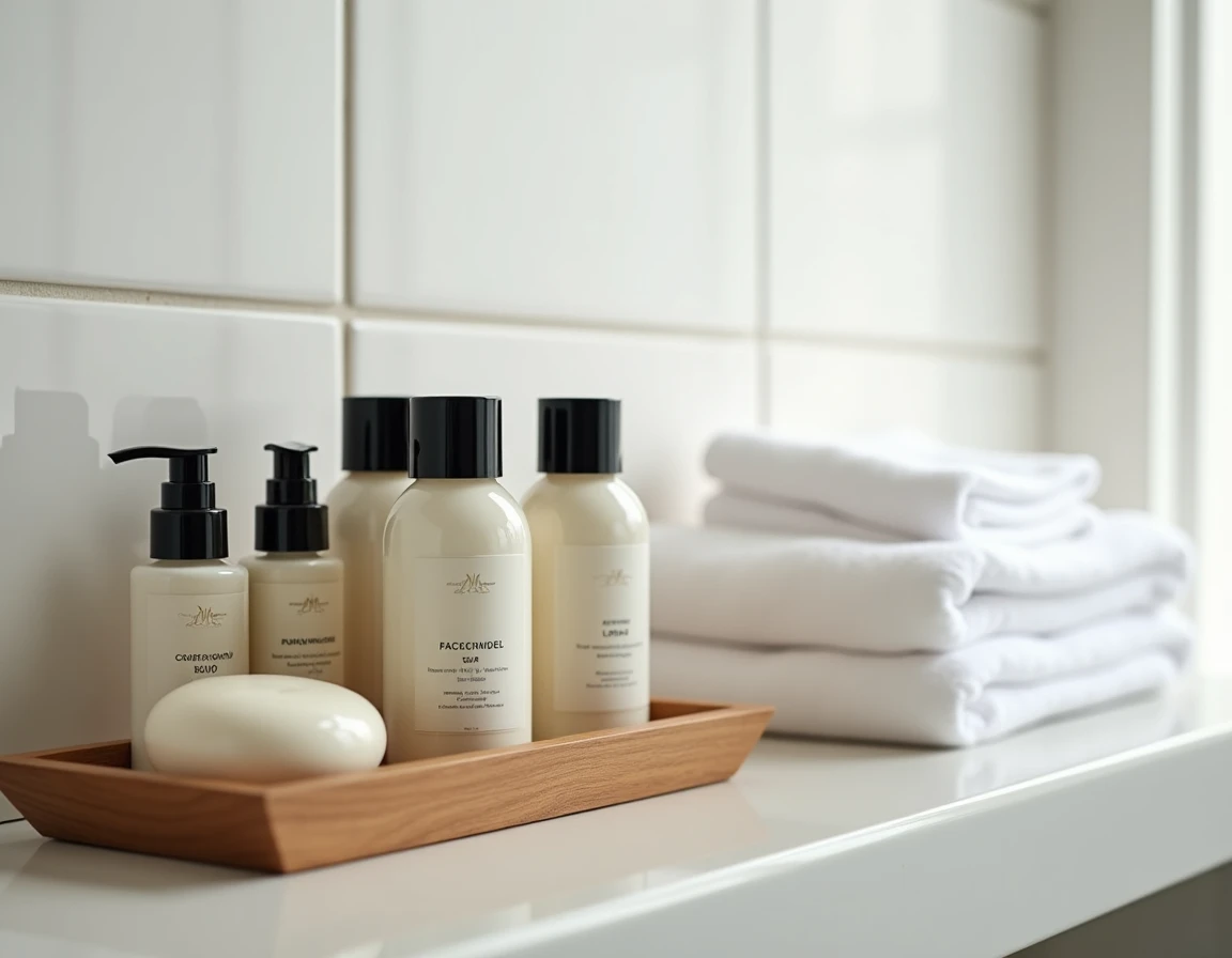 Étagère de salle de bain d'hôtel de luxe avec une rangée d'articles de toilette gratuits en miniature dans un plateau en bois, incluant lotion, gel douche et kit dentaire