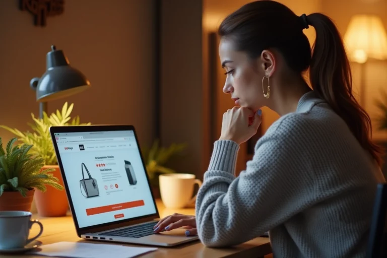 Femme évaluant la fiabilité d'un site d'achat en ligne depuis son bureau à domicile