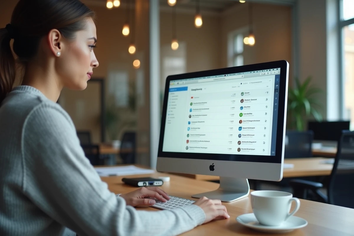 Femme en open space exportant et organisant ses mails Orange sur un ordinateur de bureau professionnel