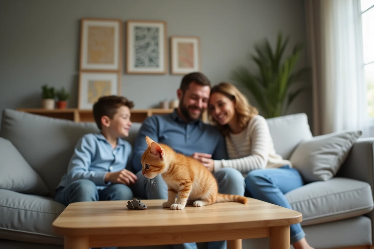 Une famille découvrant leur nouveau chaton de 3 mois dans un salon moderne en banlieue parisienne