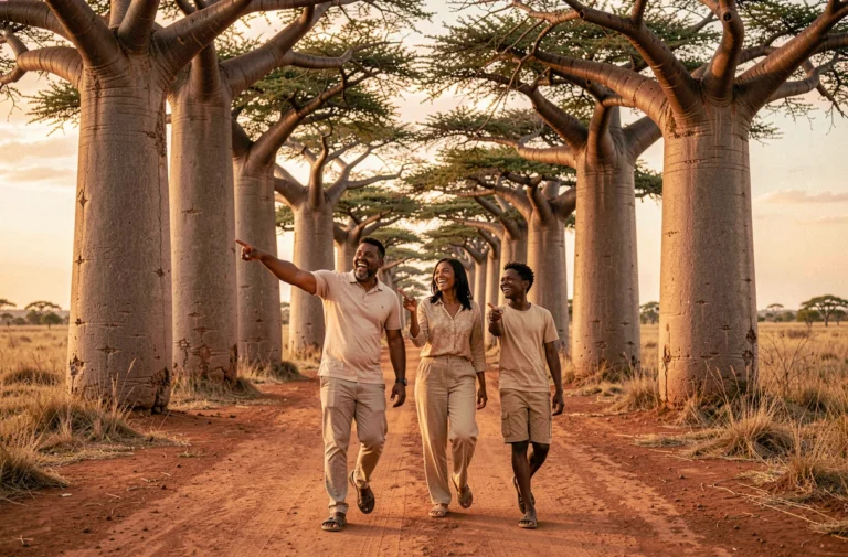 Famille malgache explorant l'allée des baobabs dans la région de Menabe à Madagascar