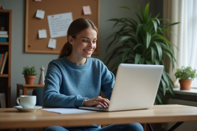Femme en home office travaillant sur un ordinateur portable