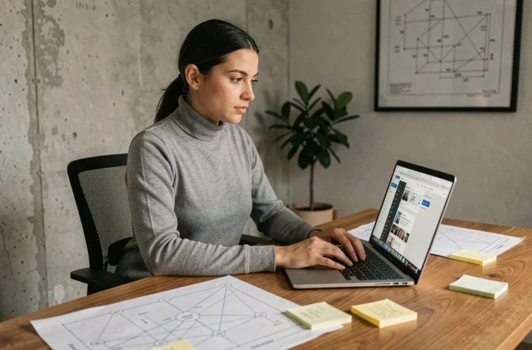 Femme concentrée travaillant sur un ordinateur portable avec des diagrammes de réseau Internet étalés sur un bureau en bois dans un bureau moderne