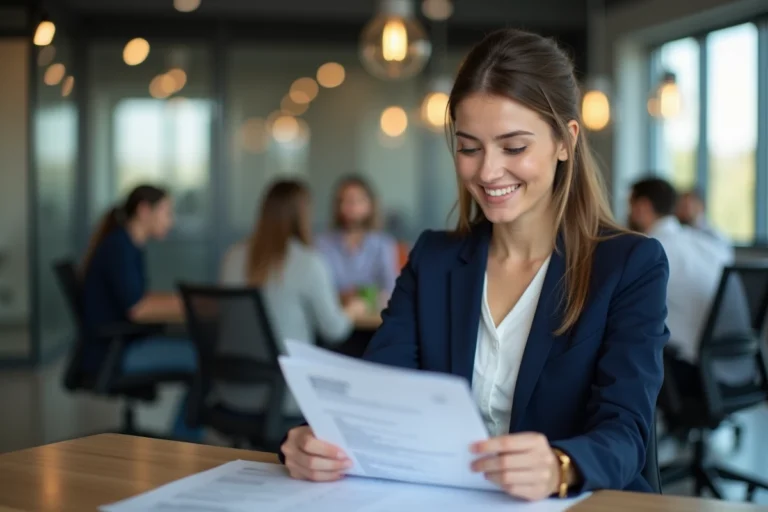 Femme professionnelle en blazer bleu examine son CV