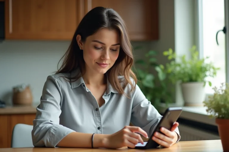 Femme consultant son compte MyPeopleDoc sur smartphone dans une cuisine moderne