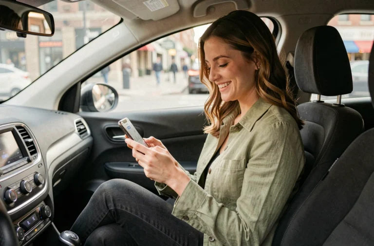 Femme utilisant l'application de covoiturage Karos sur son smartphone dans une voiture en milieu urbain