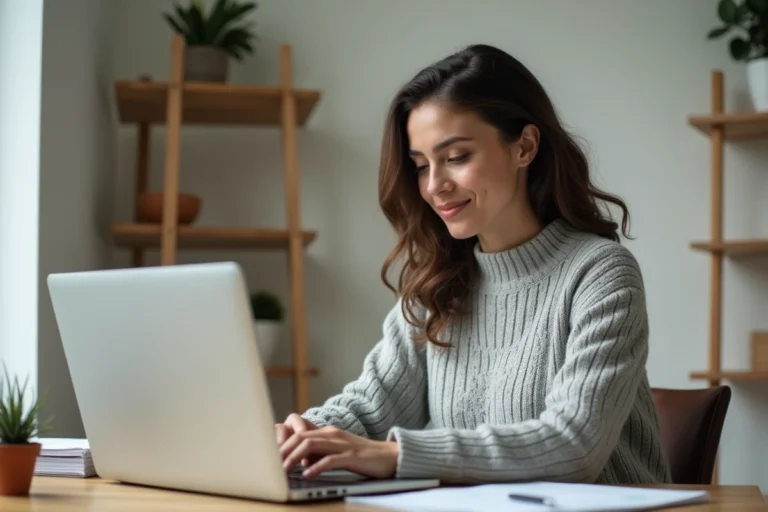 Femme consultant son espace client Direct Assurance sur un ordinateur portable pour demander son relevé d'information