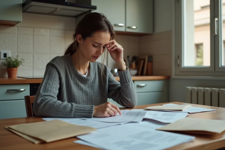 Femme consultant des documents administratifs CAF à la table de sa cuisine dans un appartement modeste