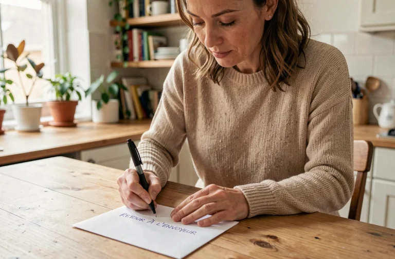 Femme écrivant 'Retour à l'envoyeur' sur une enveloppe blanche à la maison, illustration du renvoi de courrier mal adressé