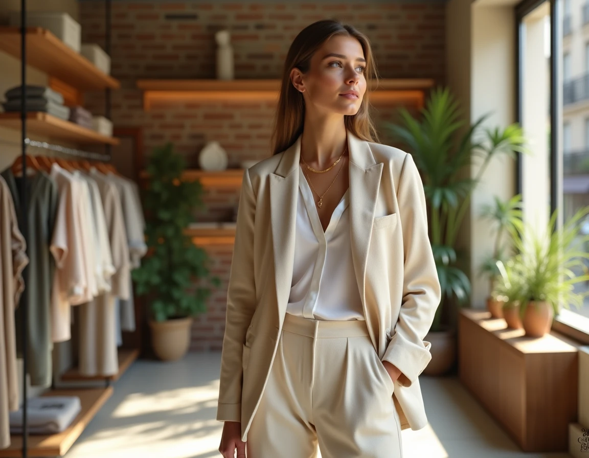 Femme élégante en blazer beige lin dans une boutique de mode parisienne tendance