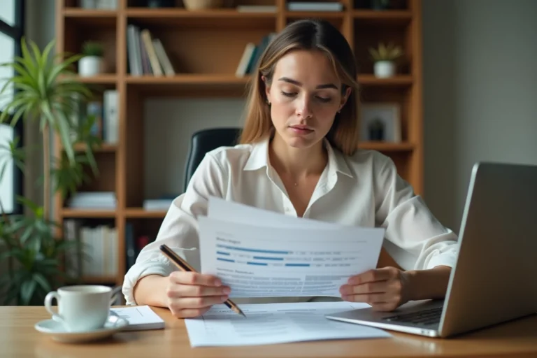 Femme entrepreneur consultant un guide business gratuit en ligne depuis son bureau à domicile