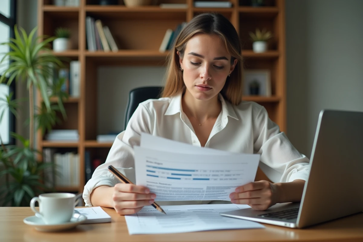 Femme entrepreneur consultant un guide business gratuit en ligne depuis son bureau à domicile