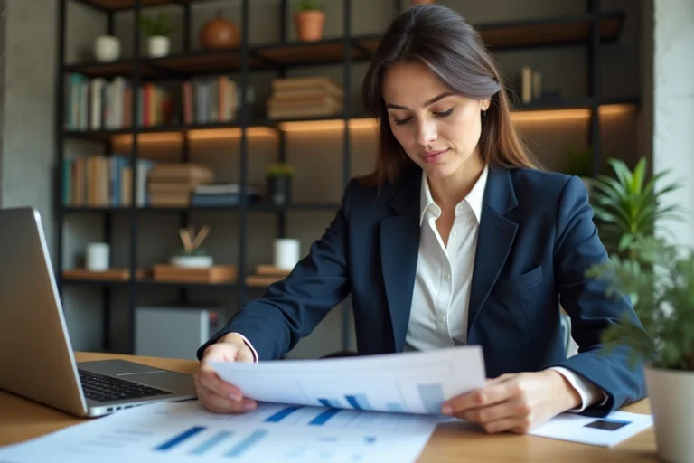 Femme professionnelle analysant des documents d'investissement immobilier dans un bureau moderne en 2024