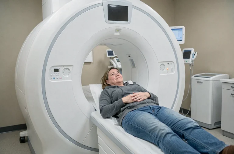 Femme détendue allongée dans un IRM ouvert en salle de radiologie moderne