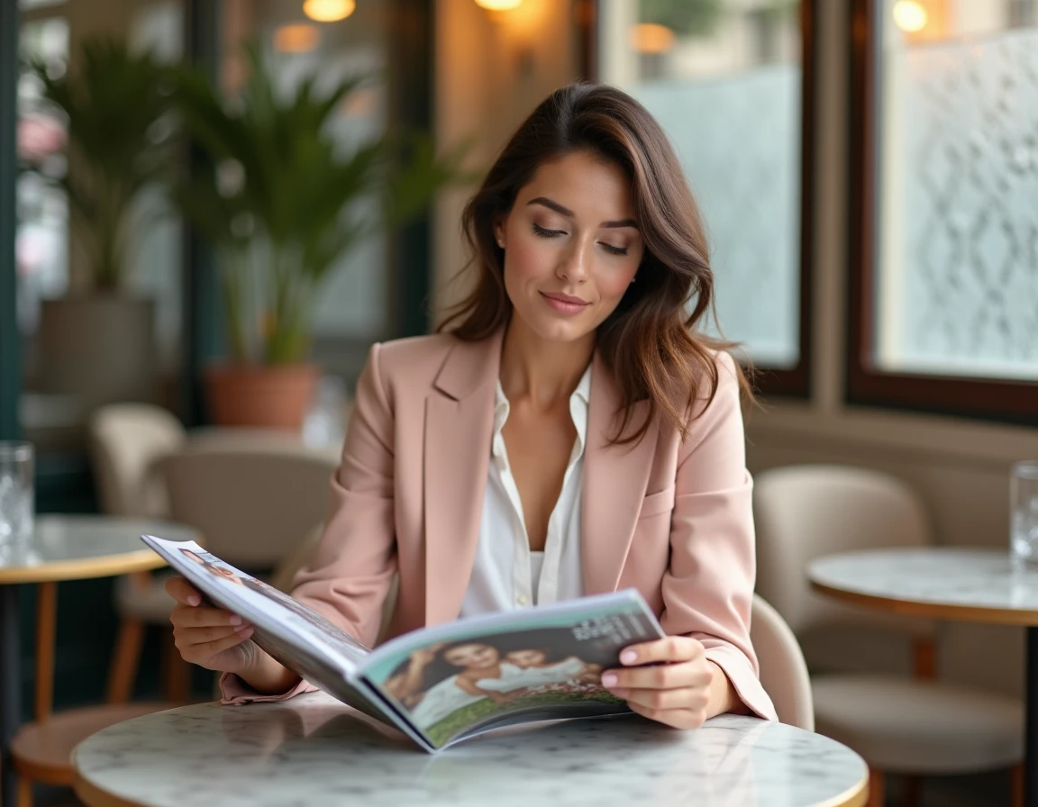 Femme parcourant un magazine de mariées dans un café parisien lumineux, planifiant son mariage