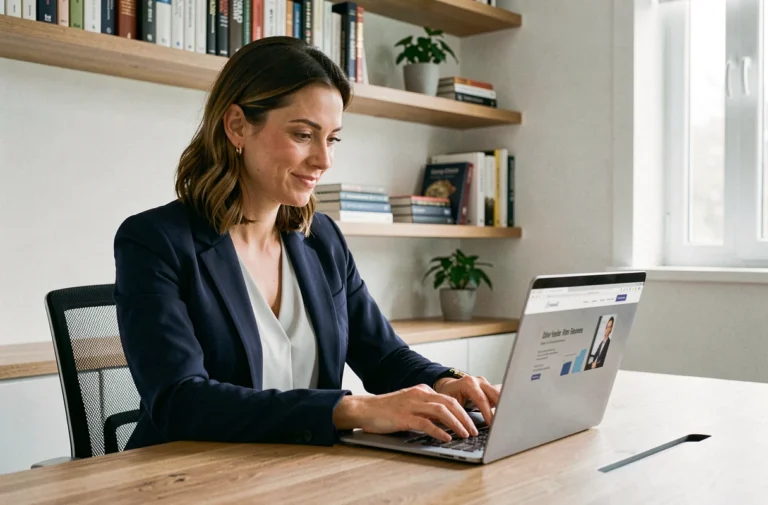 Femme professionnelle consultant des ressources business en ligne sur un ordinateur portable dans un bureau moderne