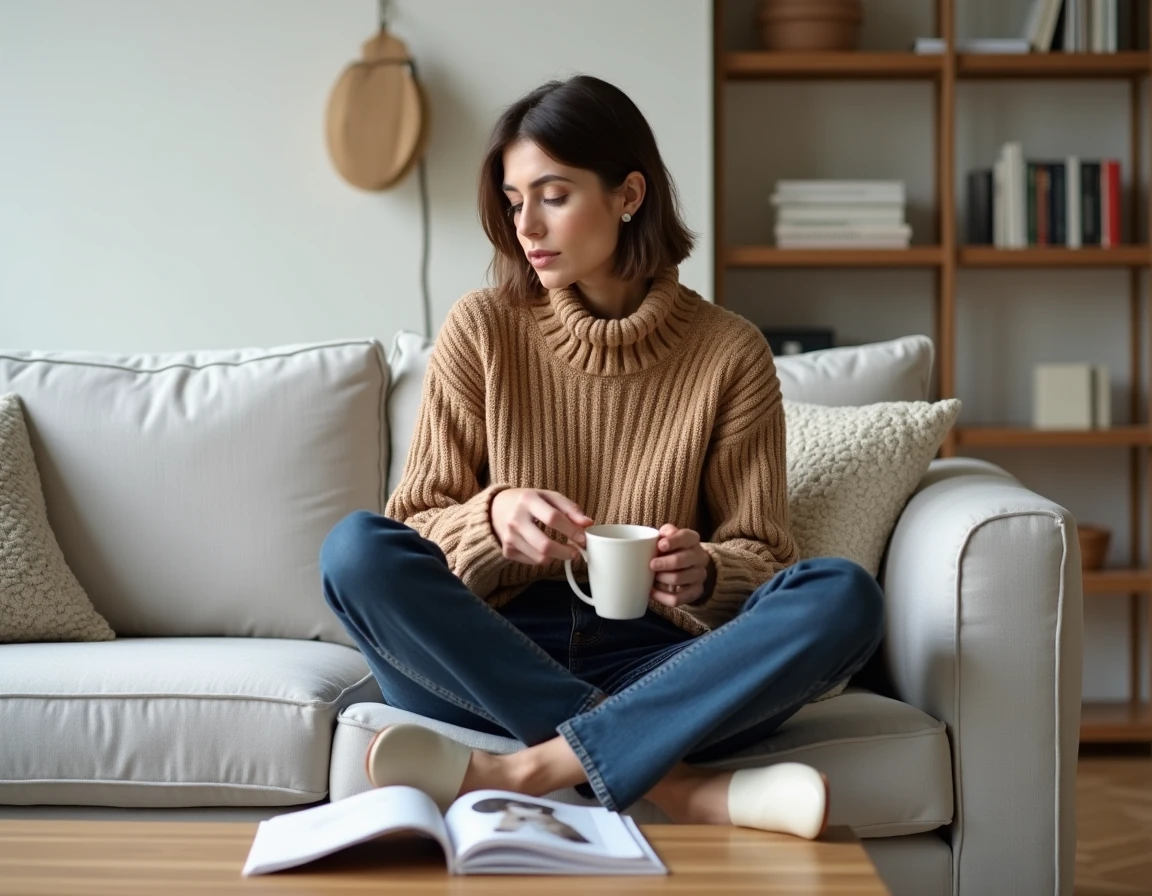 Femme stylée en pull turtleneck camel lisant un magazine de mode dans un salon scandinave