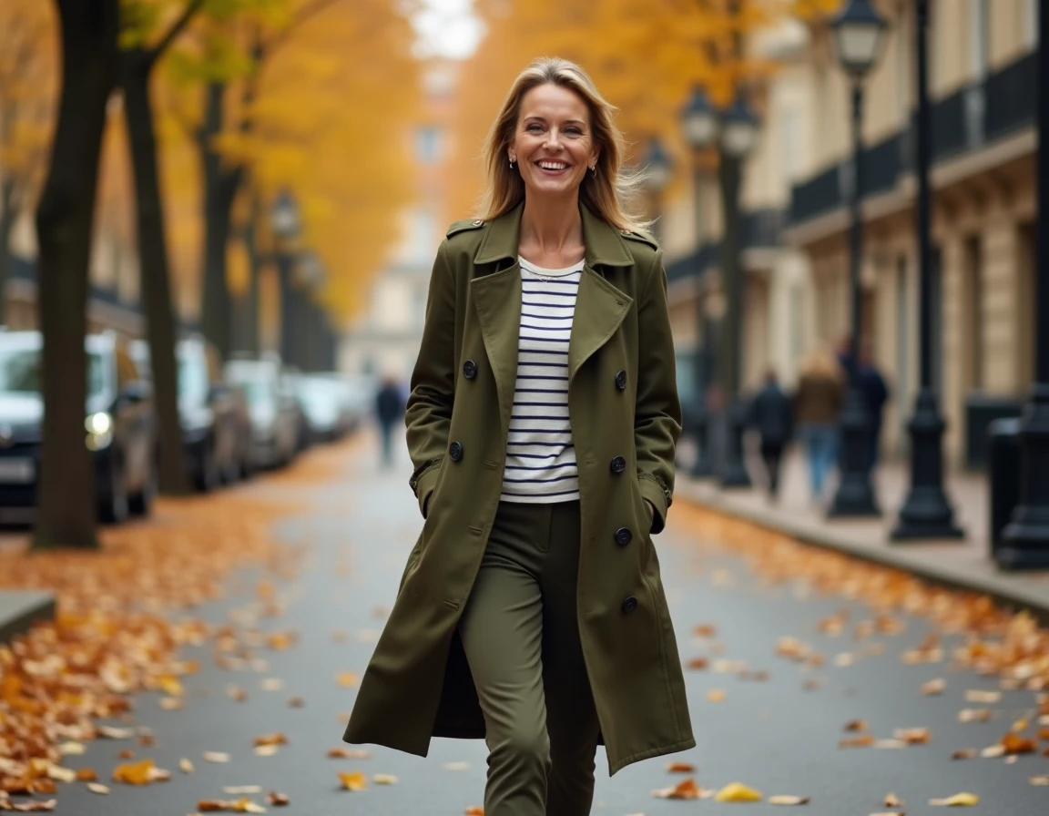 Femme en trench coat olive marchant dans une avenue parisienne en automne avec des feuilles dorées