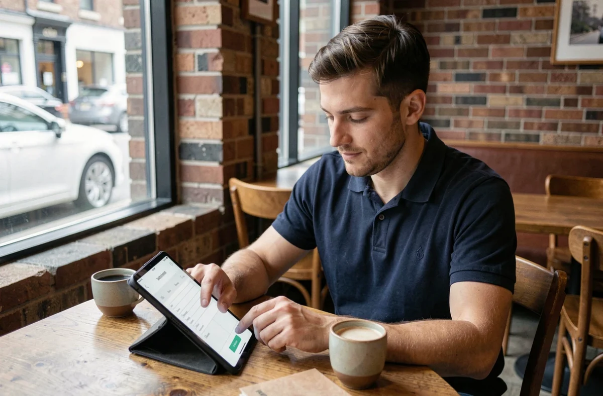 Homme utilisant une tablette dans un café pour contacter l'équipe Longdrivers en ligne