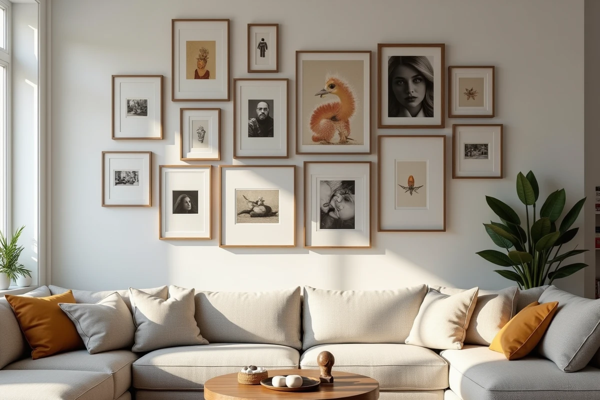 Galerie murale personnalisée composée de cadres variés, impressions et petits objets décoratifs dans un salon stylé