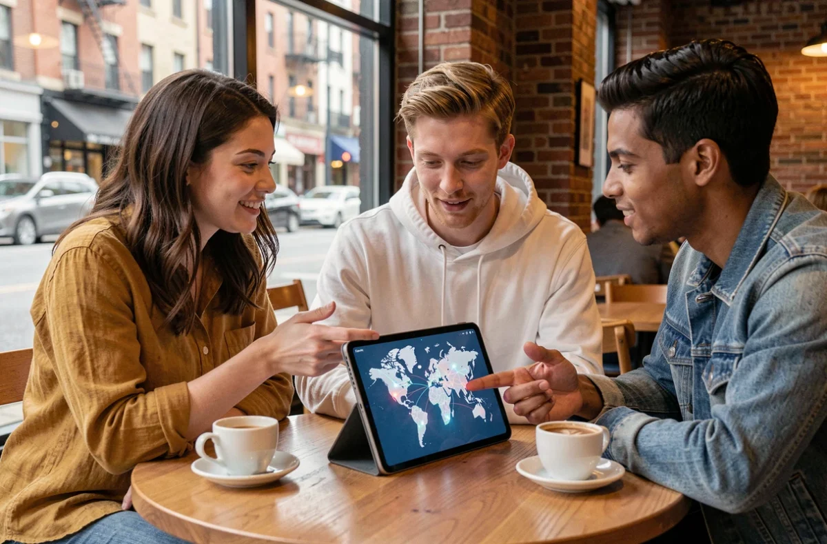 Groupe de jeunes adultes discutant autour d'une tablette affichant une carte des connexions mondiales d'Internet dans un café urbain