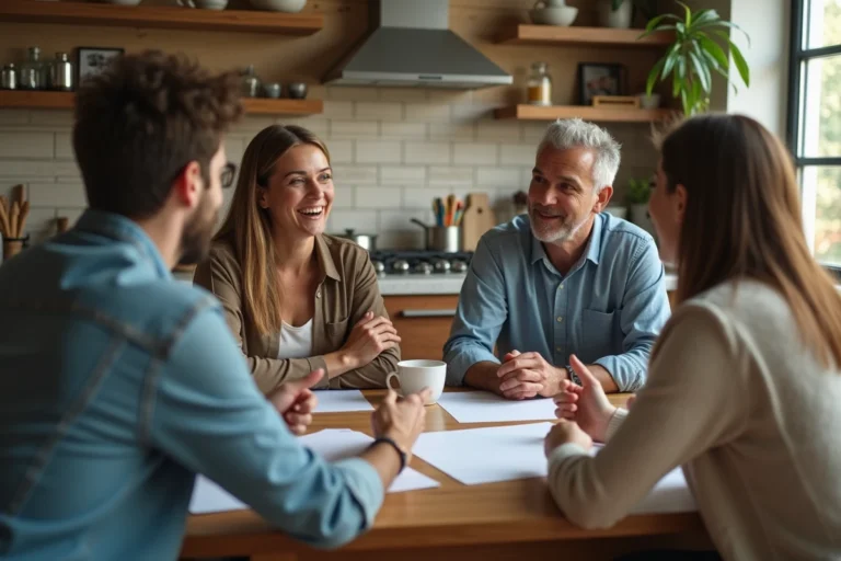 Groupe de personnes discutant dans une cuisine chaleureuse