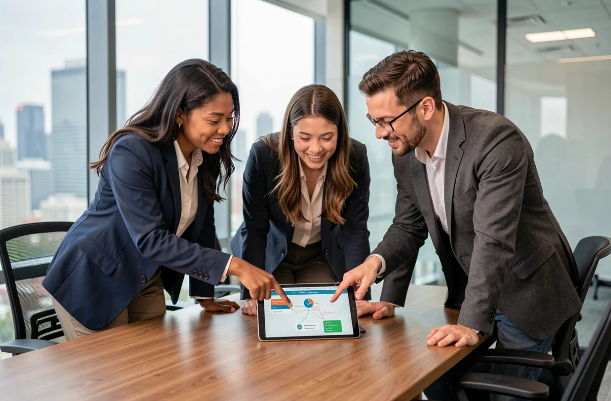 Groupe de professionnels explorant une plateforme de formation business en ligne en salle de réunion